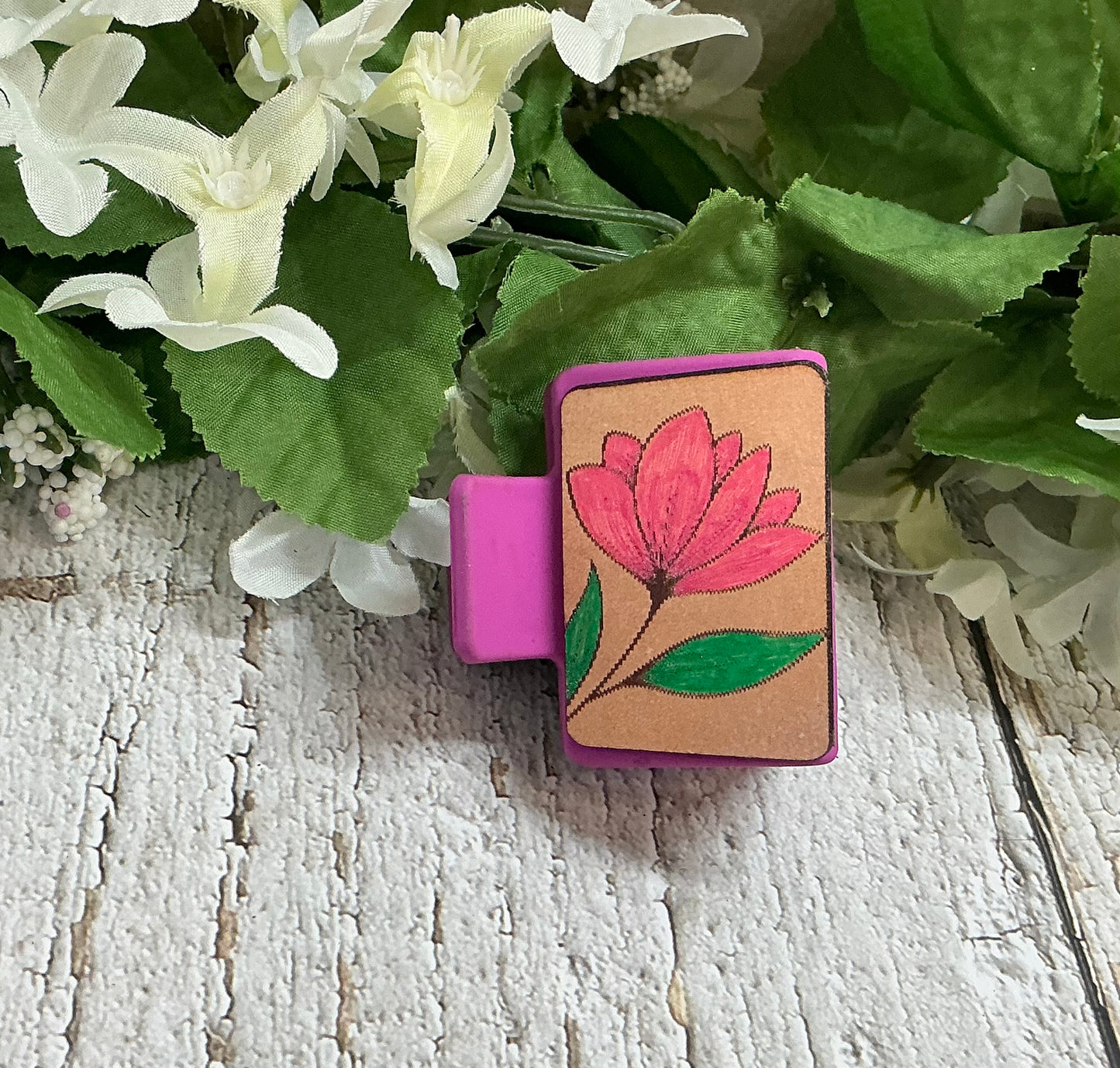 Pink Flower Hair Claw Clip Leather - Small 2"