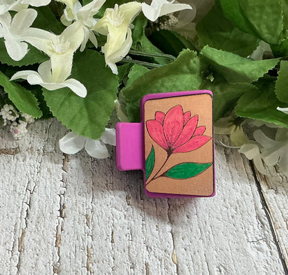 Pink Flower Hair Claw Clip Leather - Small 2"