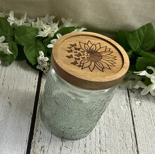 Sunflower Butterfly Engraved Lid Designed Glass Canister