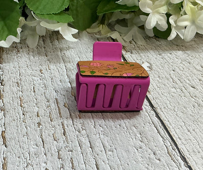 Pink Floral Leather Hair Claw Clip - Small 2"