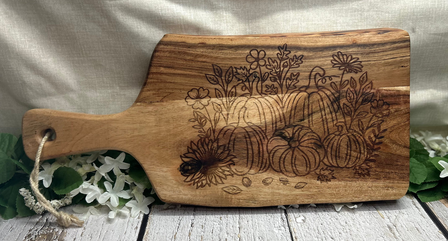 Floral Pumpkin Scene Cutting Charcuterie Board 18” x 8” with handle