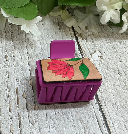 Pink Flower Hair Claw Clip Leather - Small 2"