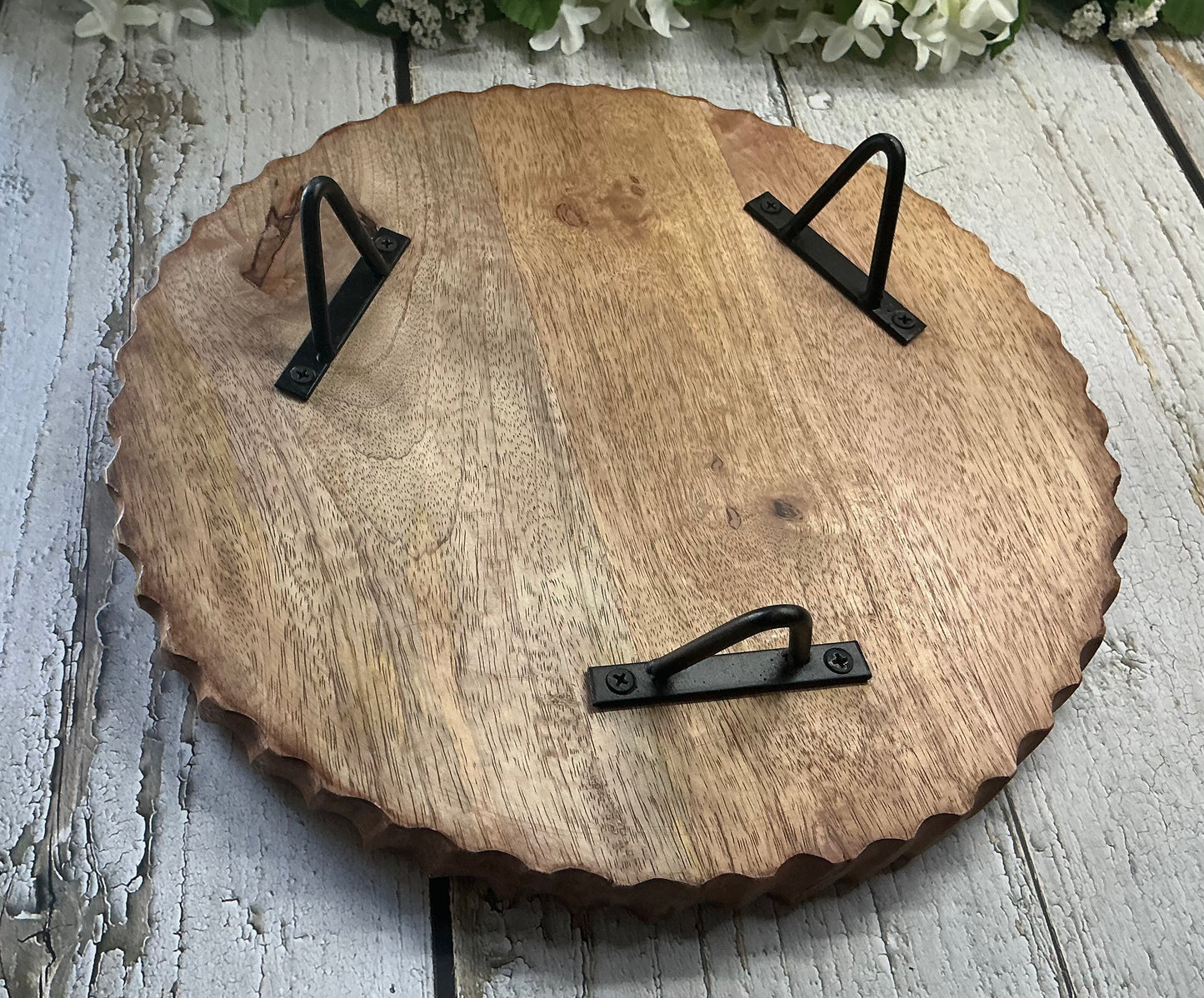 Tree of Life Engraved Raised Wood Stand – Scalloped Edge, Metal Legs