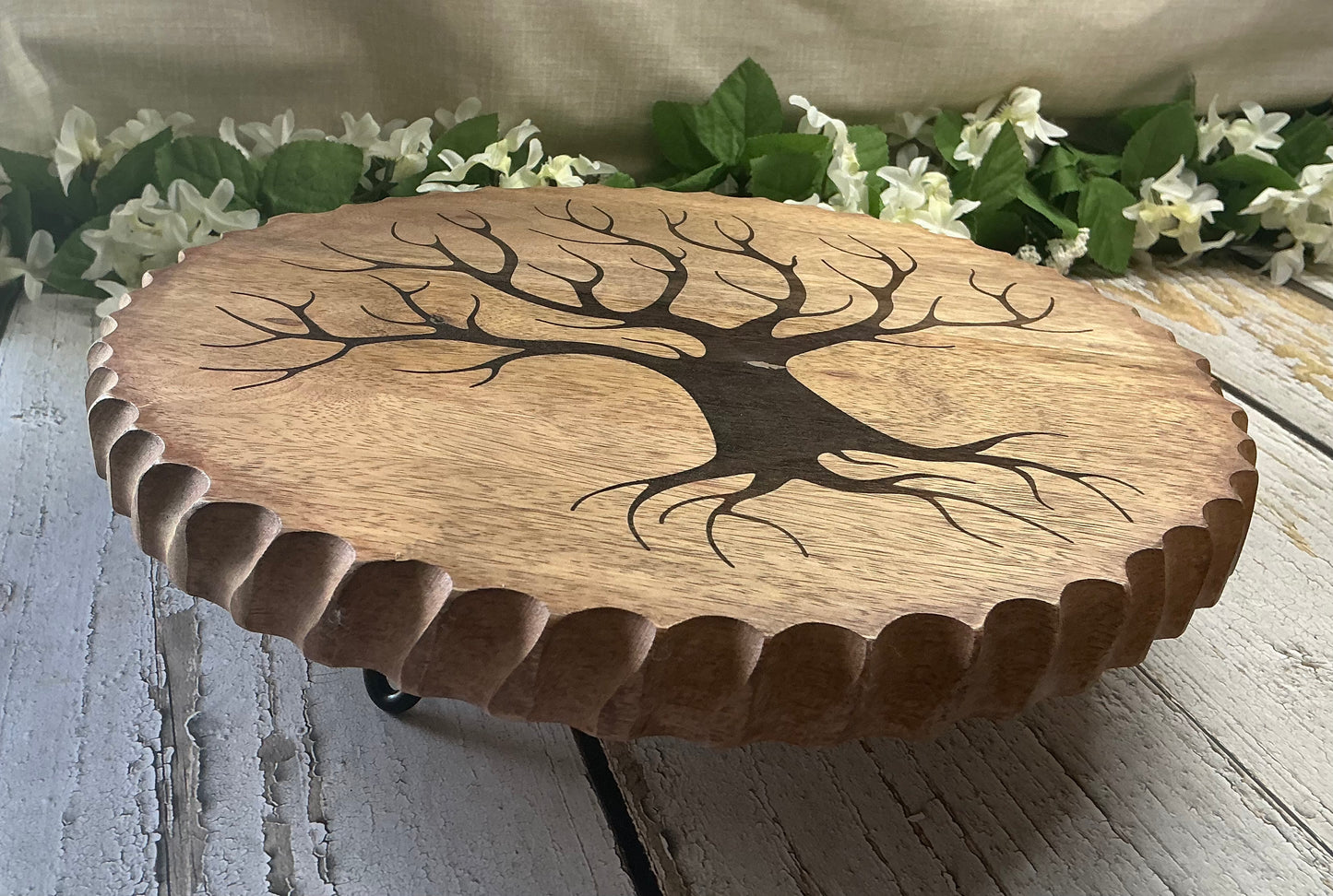 Tree of Life Engraved Raised Wood Stand – Scalloped Edge, Metal Legs