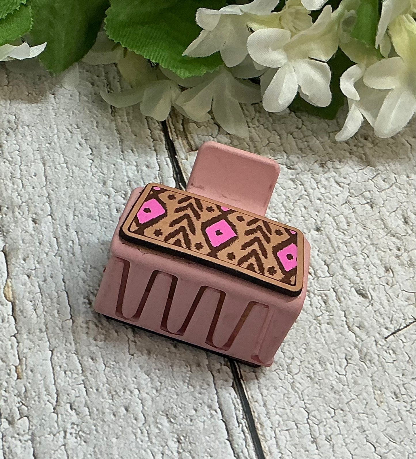 Boho Aztec Pink Leather Hair Claw Clip - Small 2"