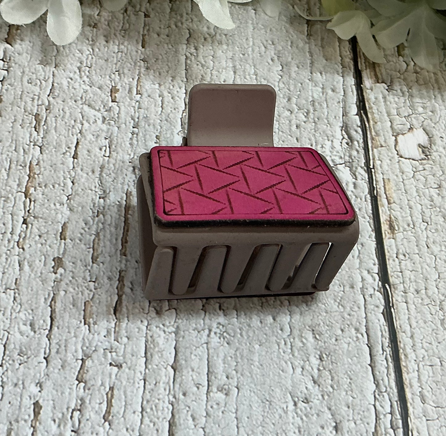 Pink Geometric Leather on Taupe Hair Claw Clip - Small 2”