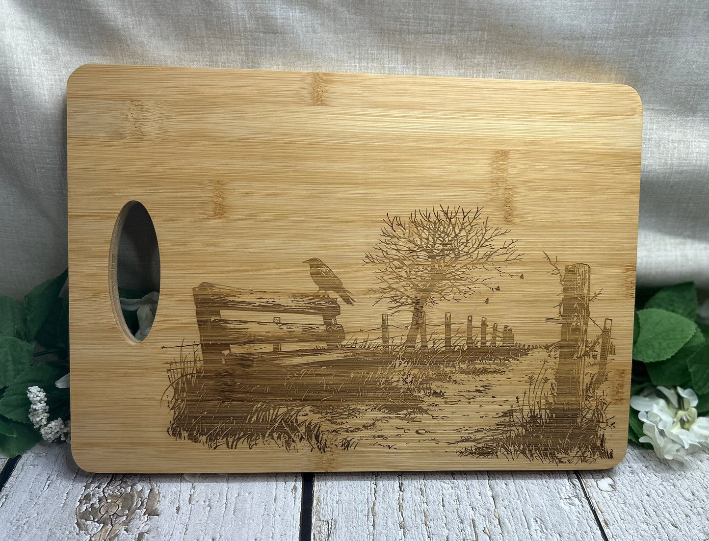 Fall Scene Crow on Bench Cutting Charcuterie Board