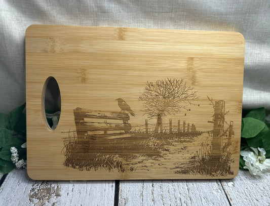 Fall Scene Crow on Bench Cutting Charcuterie Board