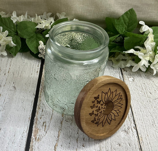 Sunflower Butterfly Engraved Lid Designed Glass Canister
