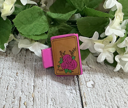 Pink Floral Flower Rose Leather Hair Claw Clip - Small 2"