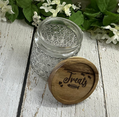 Cat Treat Engraved Lid Gray Designed Glass Canister 4" tall 3.75" diameter