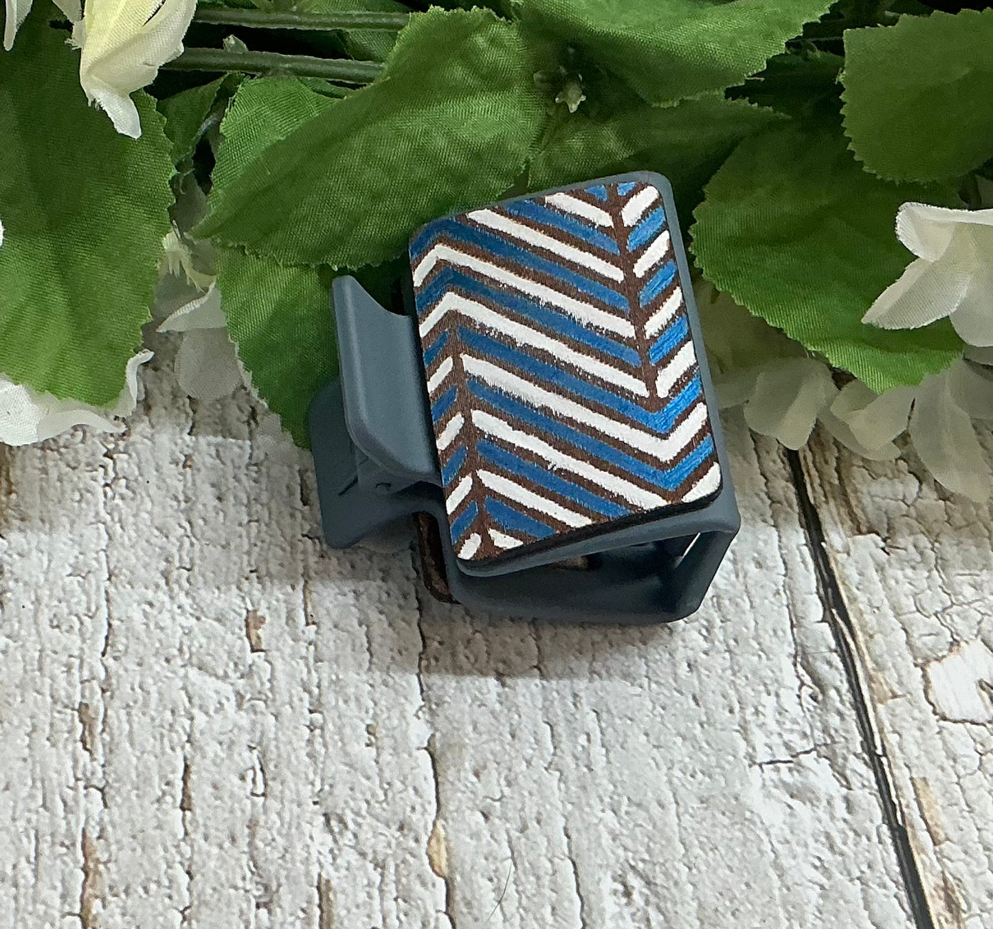 Blue and White Chevron Leather Hair Claw Clip - Small 2"
