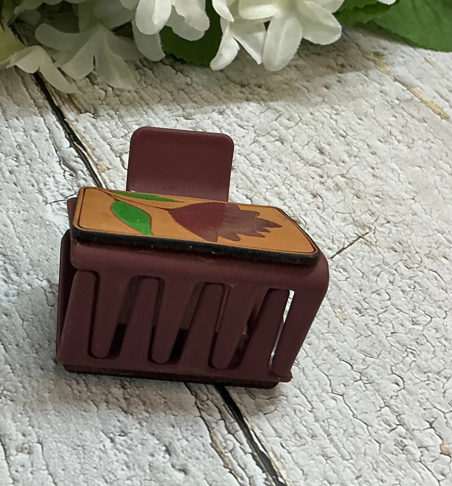 Burgundy Flower Leather Hair Claw Clip - Small 2"
