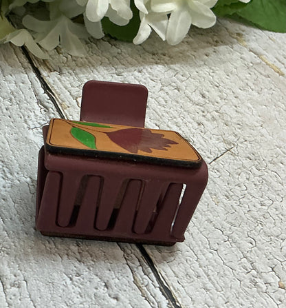 Burgundy Flower Leather Hair Claw Clip - Small 2"