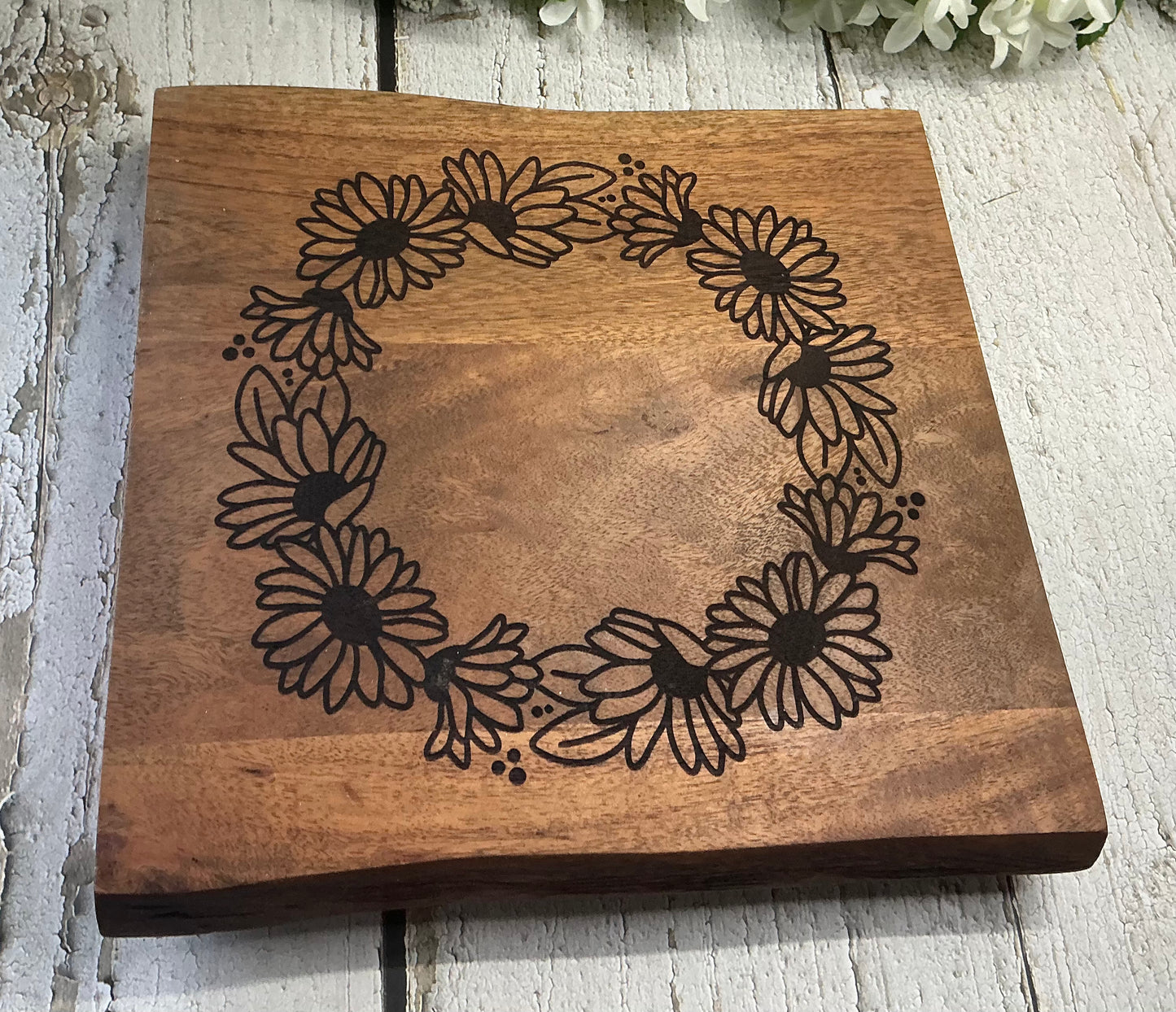 Floral Wreath Engraved Square Raised Wood Stand