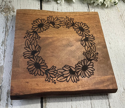 Floral Wreath Engraved Square Raised Wood Stand