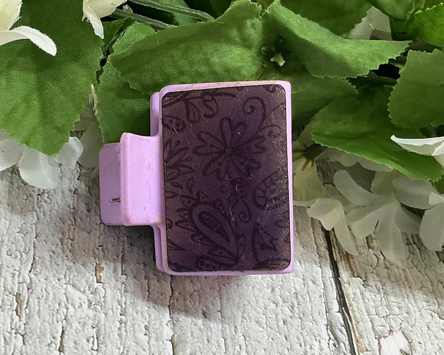 Purple Floral Leather Engraved Hair Claw Clip - Small 2"