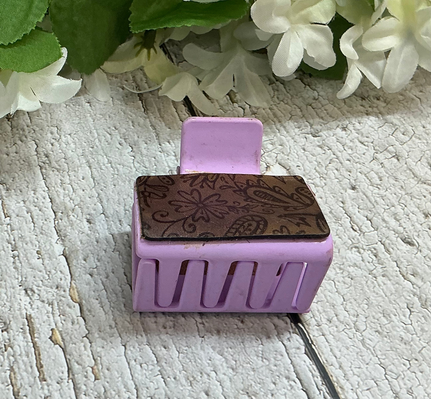 Purple Floral Leather Engraved Hair Claw Clip - Small 2"
