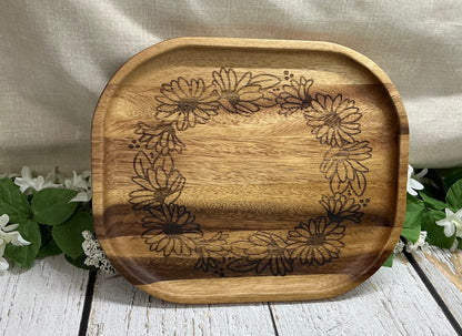 Rectangle Wooden Tray with Engraved Floral Border