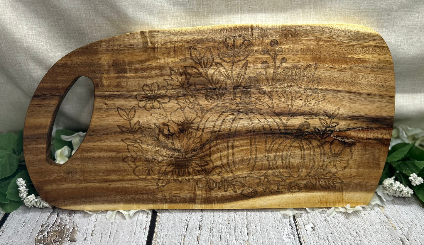 Pumpkins and Flowers Engraved Cutting Charcuterie Board 17.25” x 9”