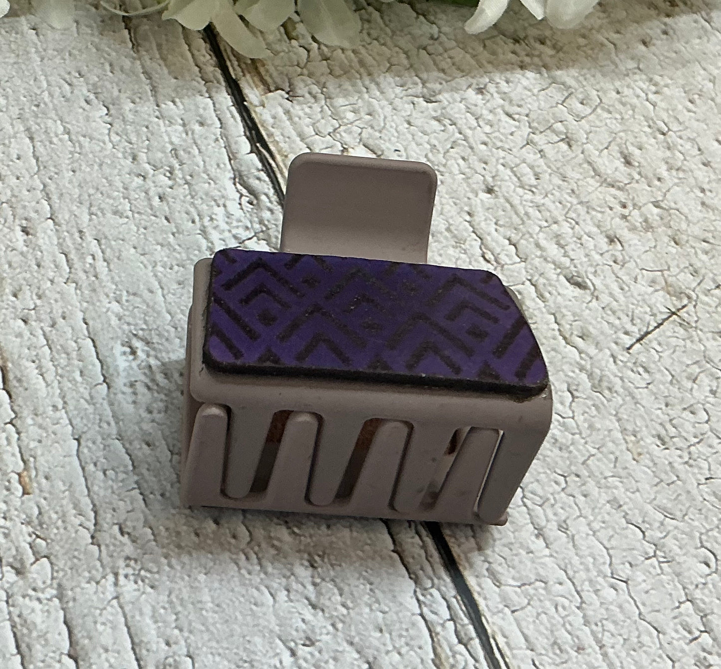 Purple Geometric Leather on Taupe Hair Claw Clip - Small 2"