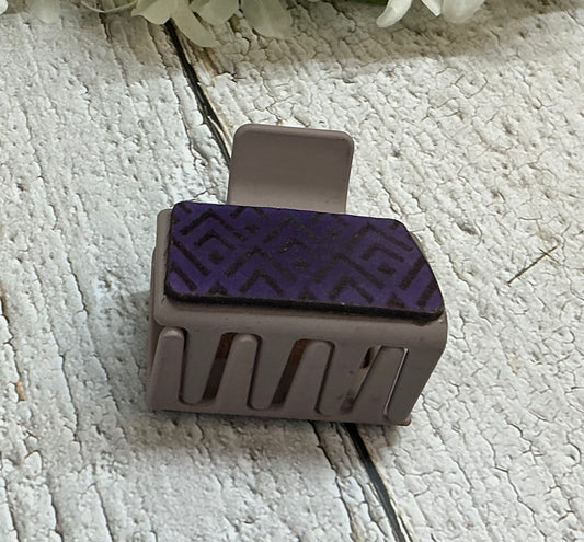 Purple Geometric Leather on Taupe Hair Claw Clip - Small 2"