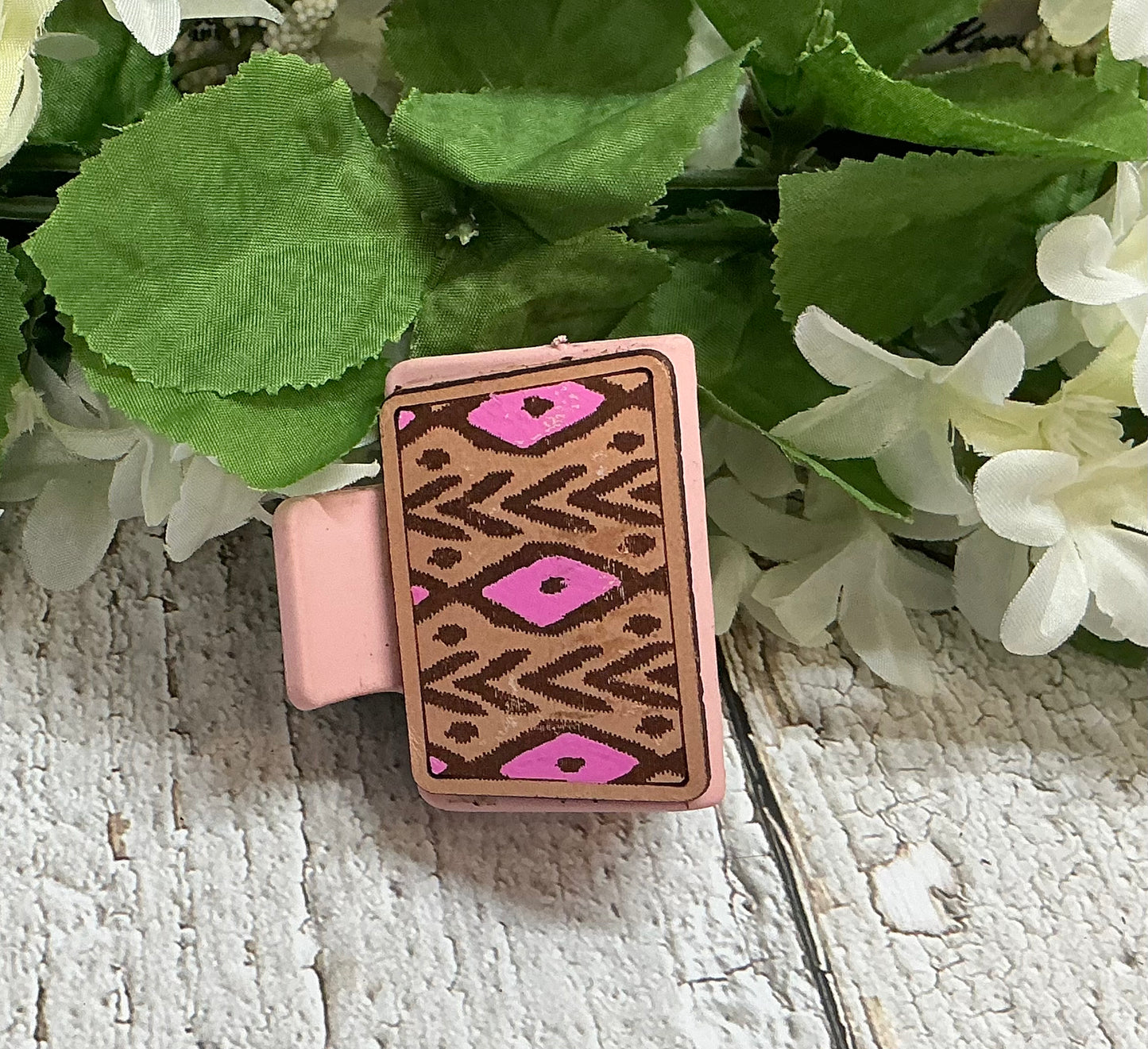 Boho Aztec Pink Leather Hair Claw Clip - Small 2"