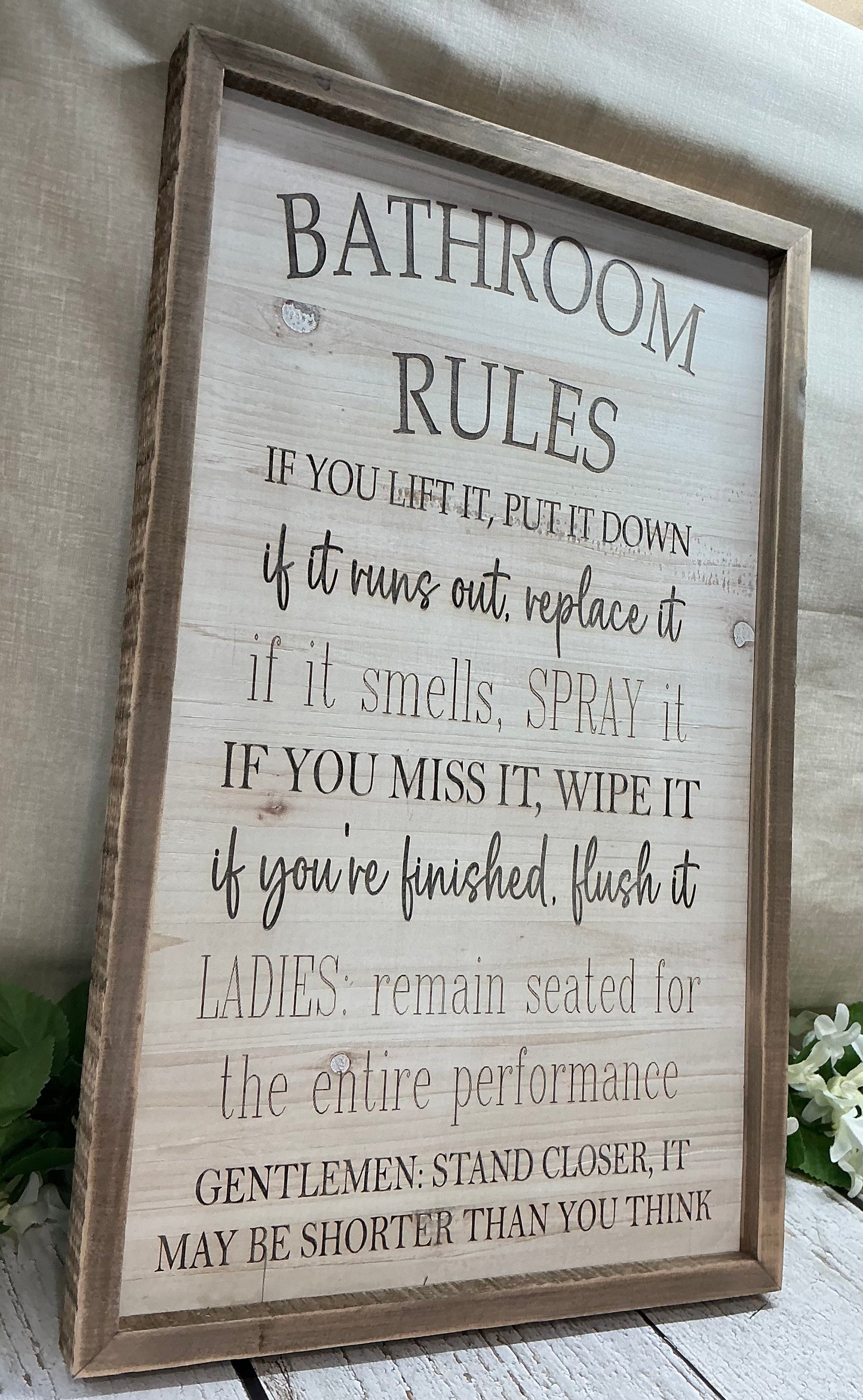Wooden Framed Engraved Bathroom Rules Sign