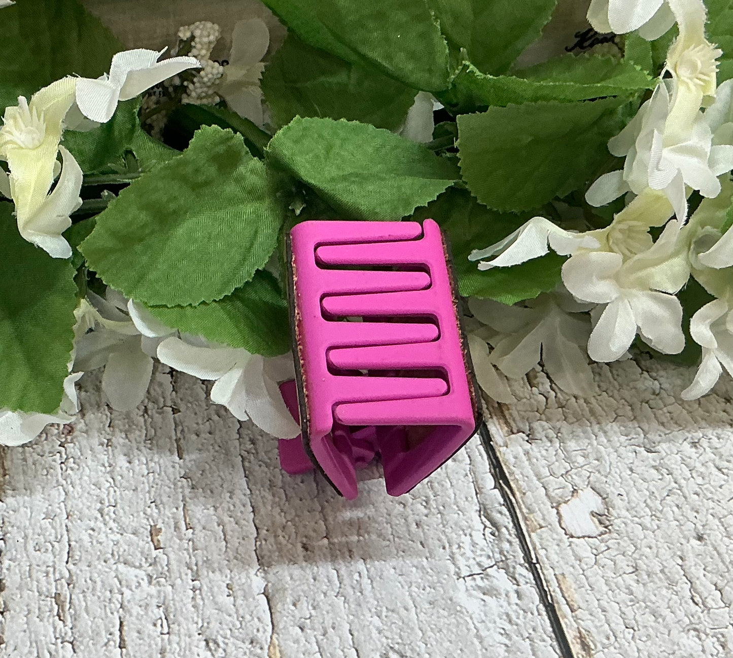 Pink Floral Leather Hair Claw Clip - Small 2"