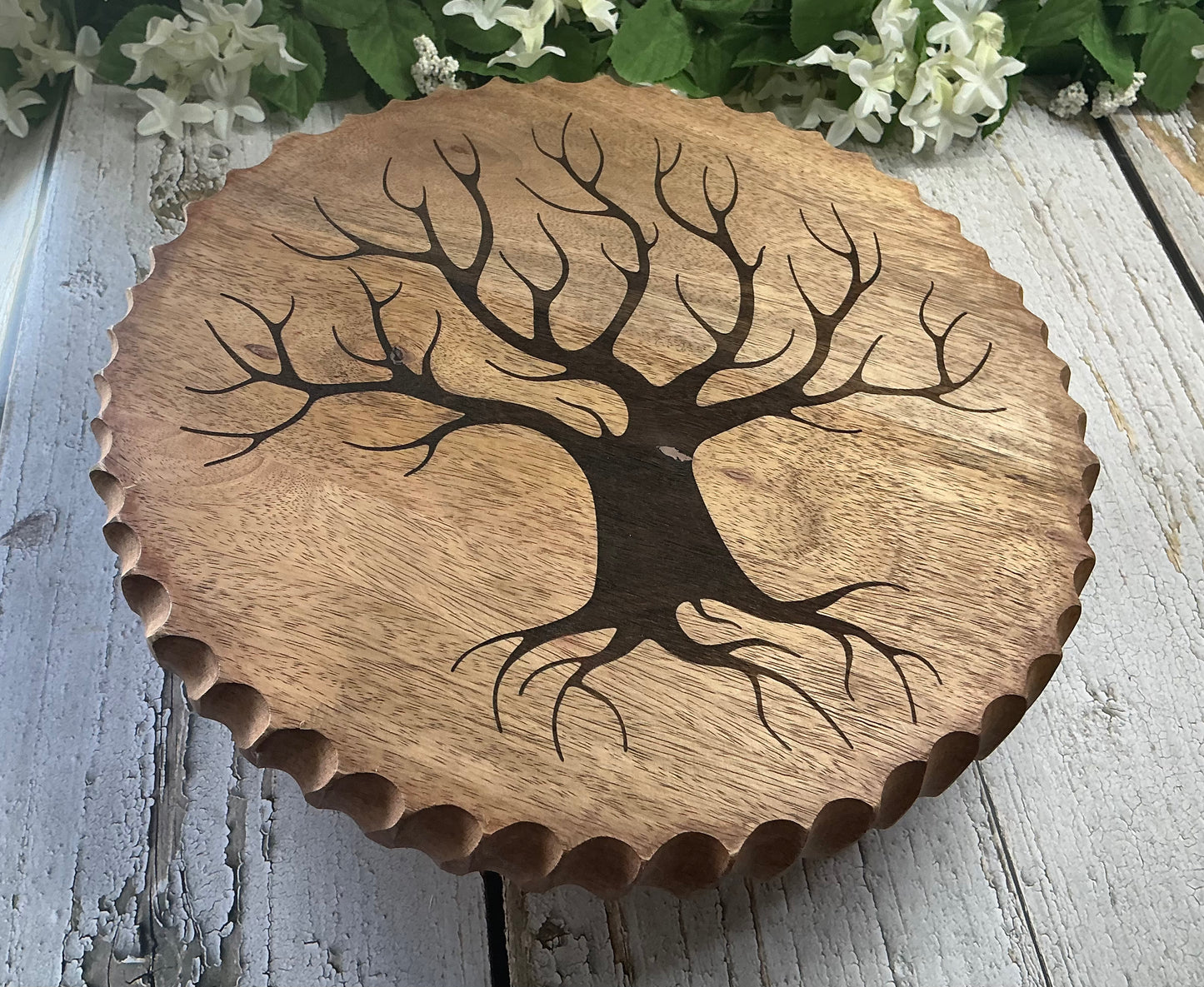 Tree of Life Engraved Raised Wood Stand – Scalloped Edge, Metal Legs