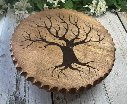Tree of Life Engraved Raised Wood Stand – Scalloped Edge, Metal Legs