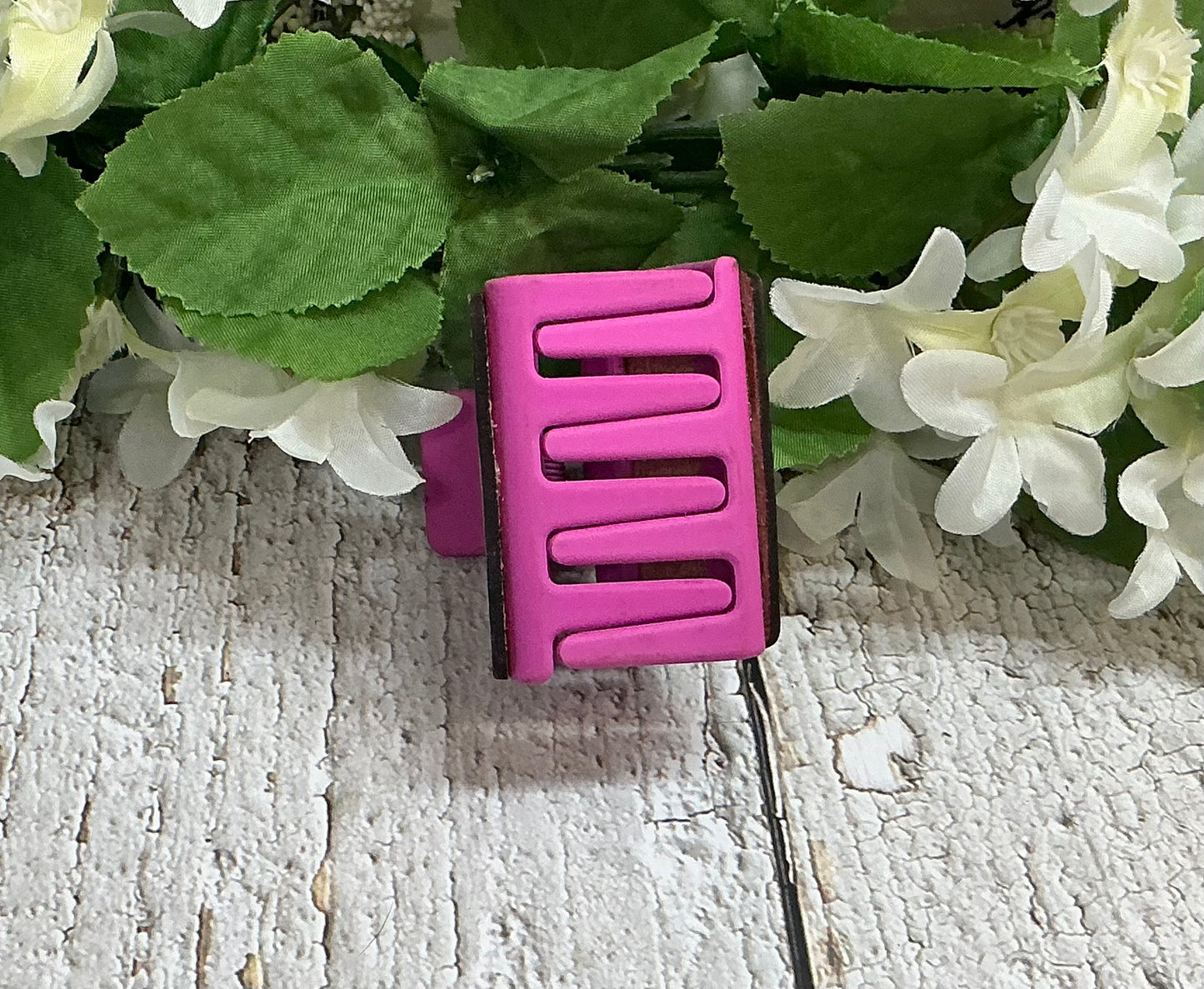 Pink Floral Flower Rose Leather Hair Claw Clip - Small 2"