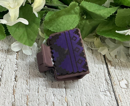 Purple Aztec Print Scalloped Edge Leather on Taupe Hair Claw Clip - Small 2"