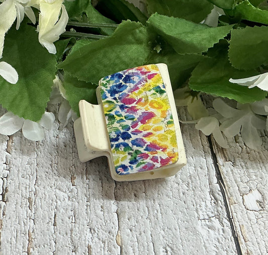 Rainbow Cheetah Print Leather on Cream Hair Claw Clip - Small 2"