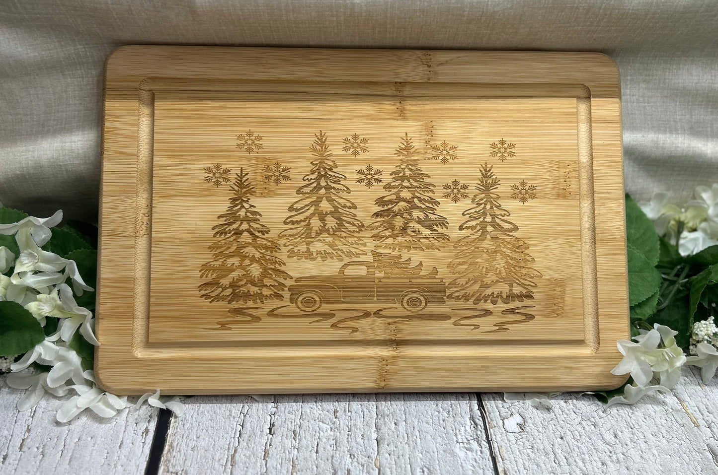 Truck With Trees Winter Scene Cutting Charcuterie Board 11.5” x 7.5”