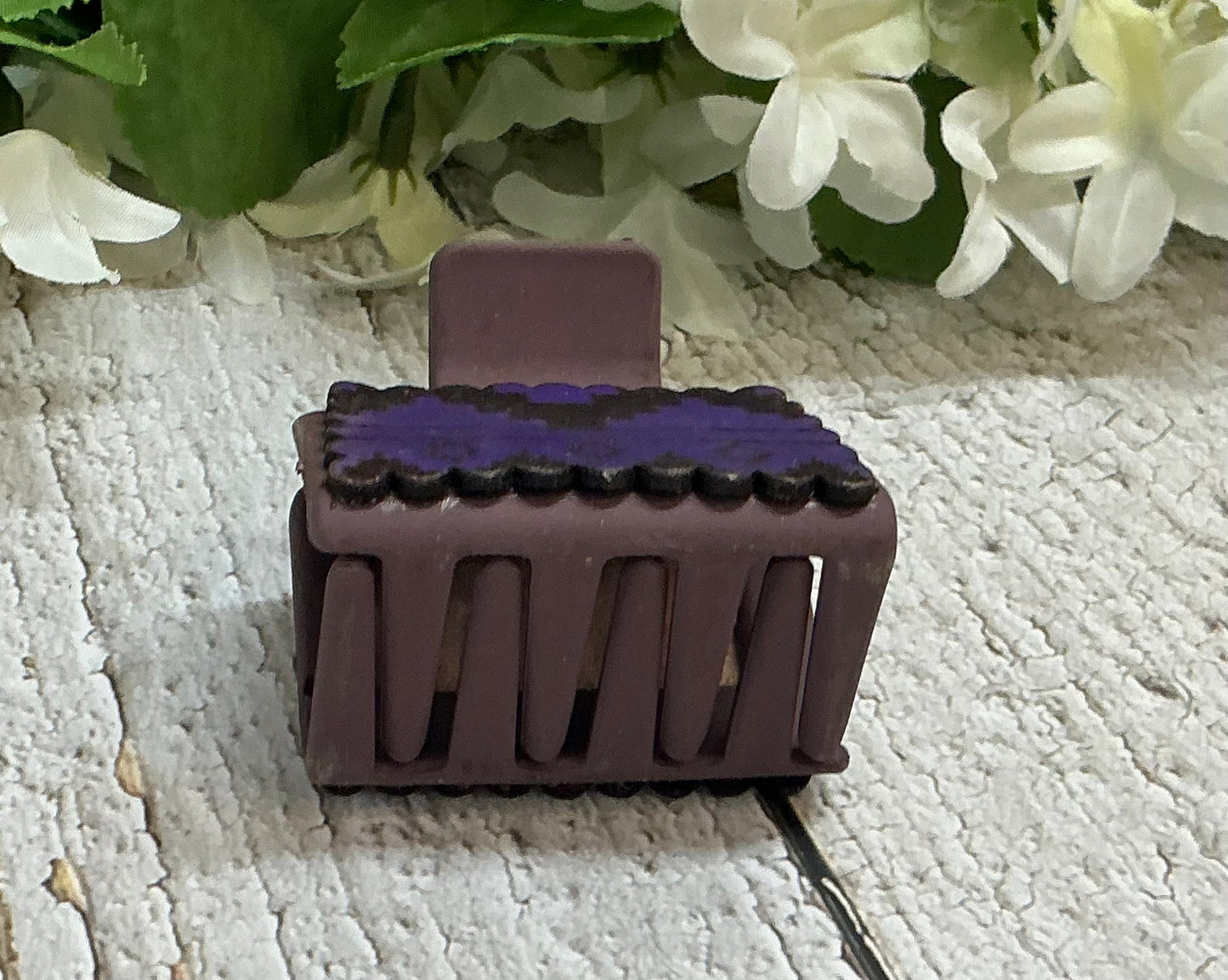 Purple Aztec Print Scalloped Edge Leather on Taupe Hair Claw Clip - Small 2"