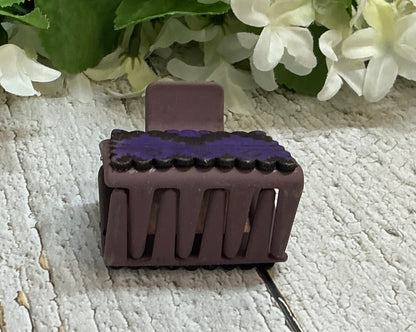 Purple Aztec Print Scalloped Edge Leather on Taupe Hair Claw Clip - Small 2"