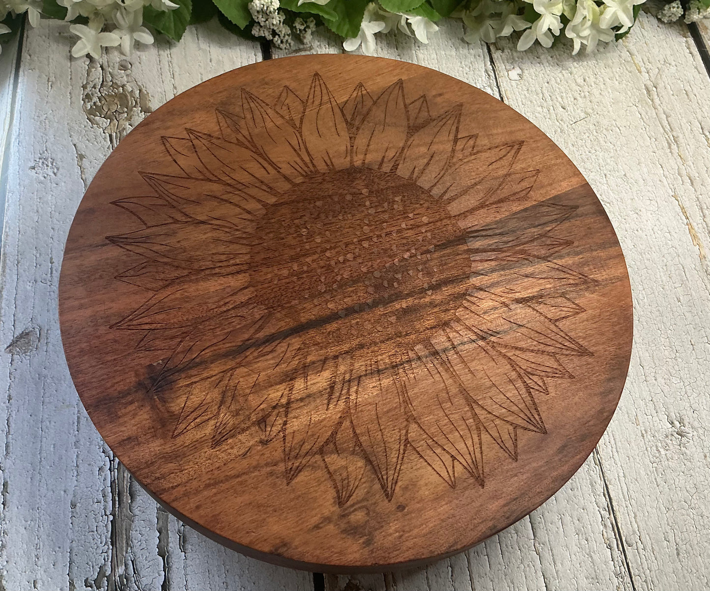 Wood Raised Stand with Metal Legs – Sunflower Engraved