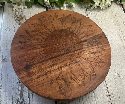 Wood Raised Stand with Metal Legs – Sunflower Engraved