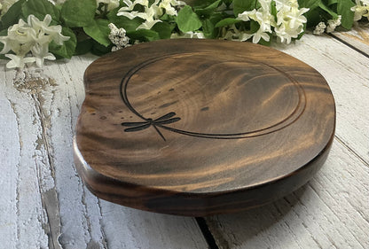 Wood Sliced Tray Raised Stand Dragonfly Engraved