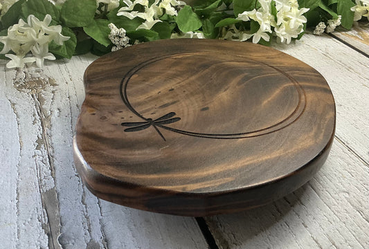 Wood Sliced Tray Raised Stand Dragonfly Engraved