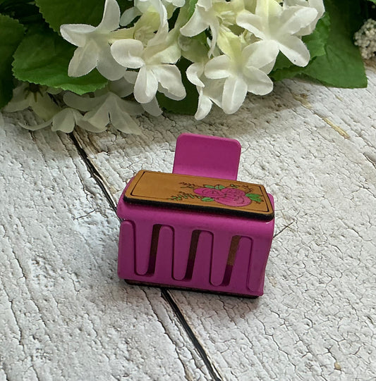 Pink Floral Flower Rose Leather Hair Claw Clip - Small 2"