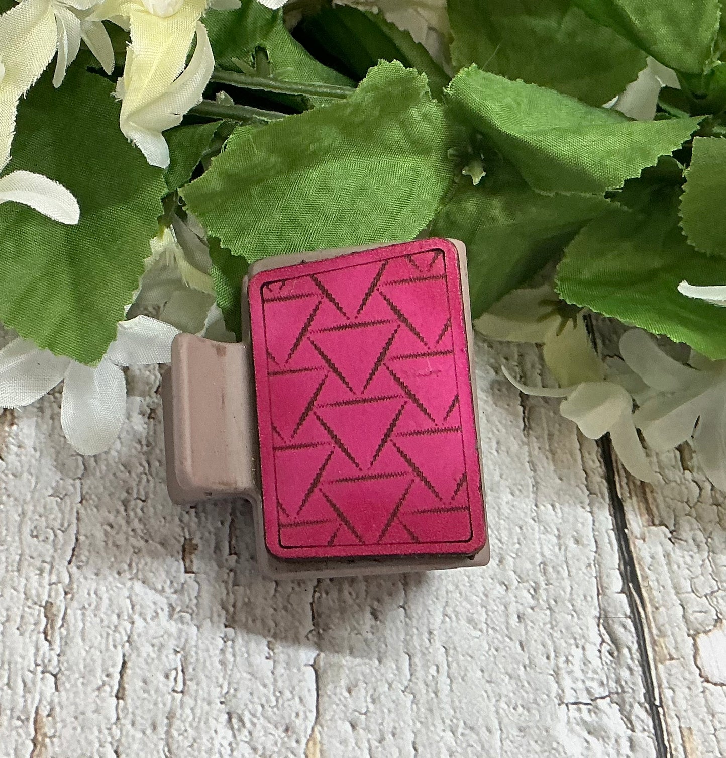 Pink Geometric Leather on Taupe Hair Claw Clip - Small 2”
