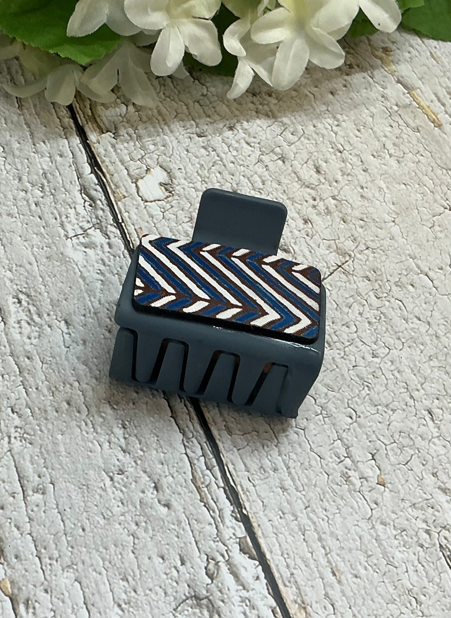 Blue and White Chevron Leather Hair Claw Clip - Small 2"