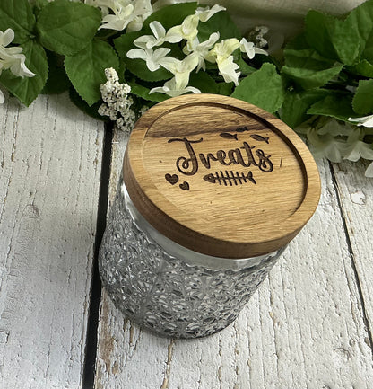 Cat Treat Engraved Lid Gray Designed Glass Canister 4" tall 3.75" diameter
