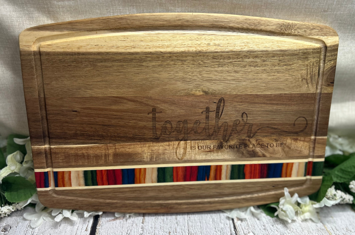 Together Is Our Favorite Place To Be Cutting Charcuterie Board 14” x 9.5” with strip of colorful wood