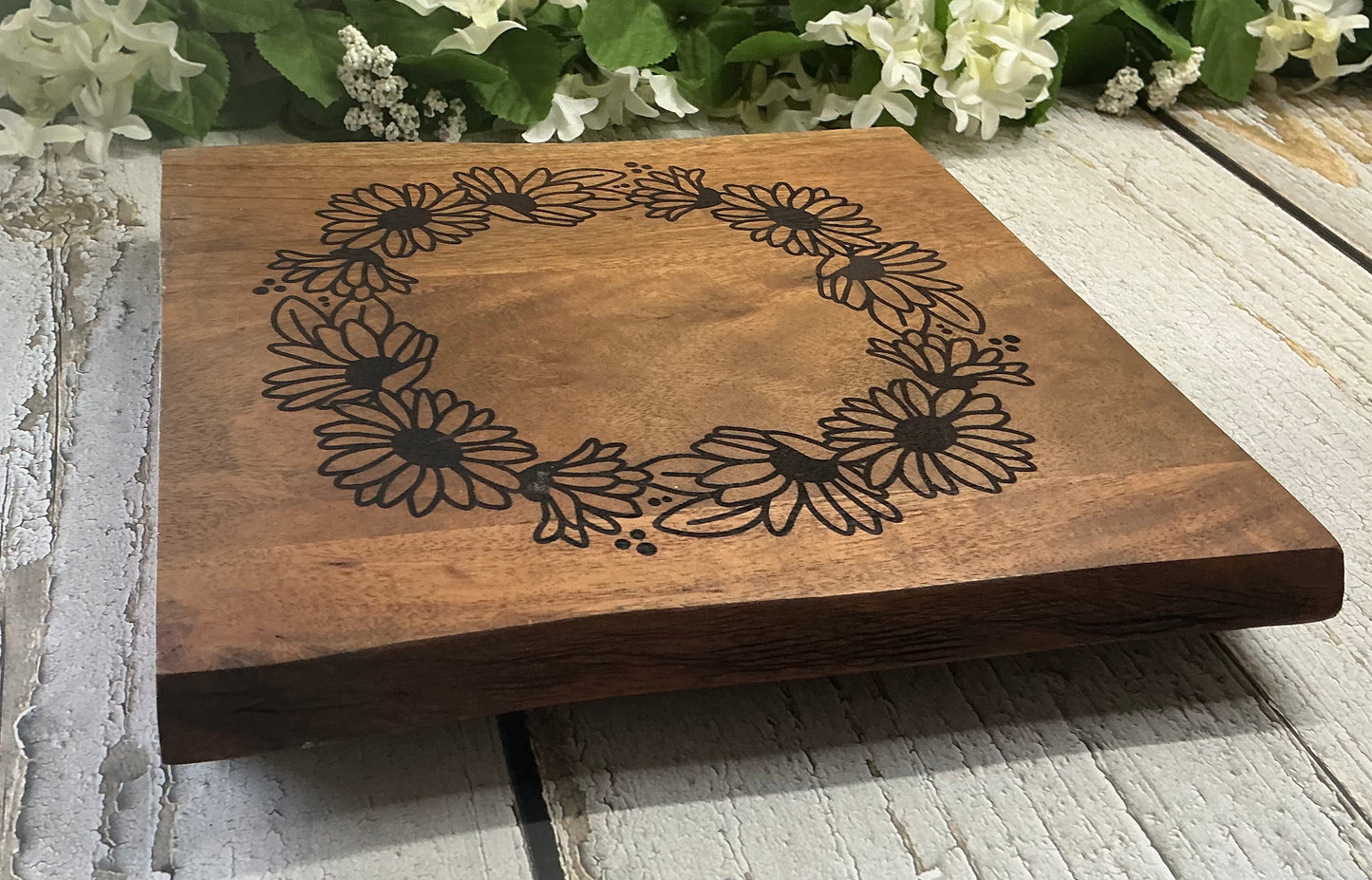 Floral Wreath Engraved Square Raised Wood Stand