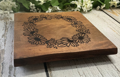 Floral Wreath Engraved Square Raised Wood Stand
