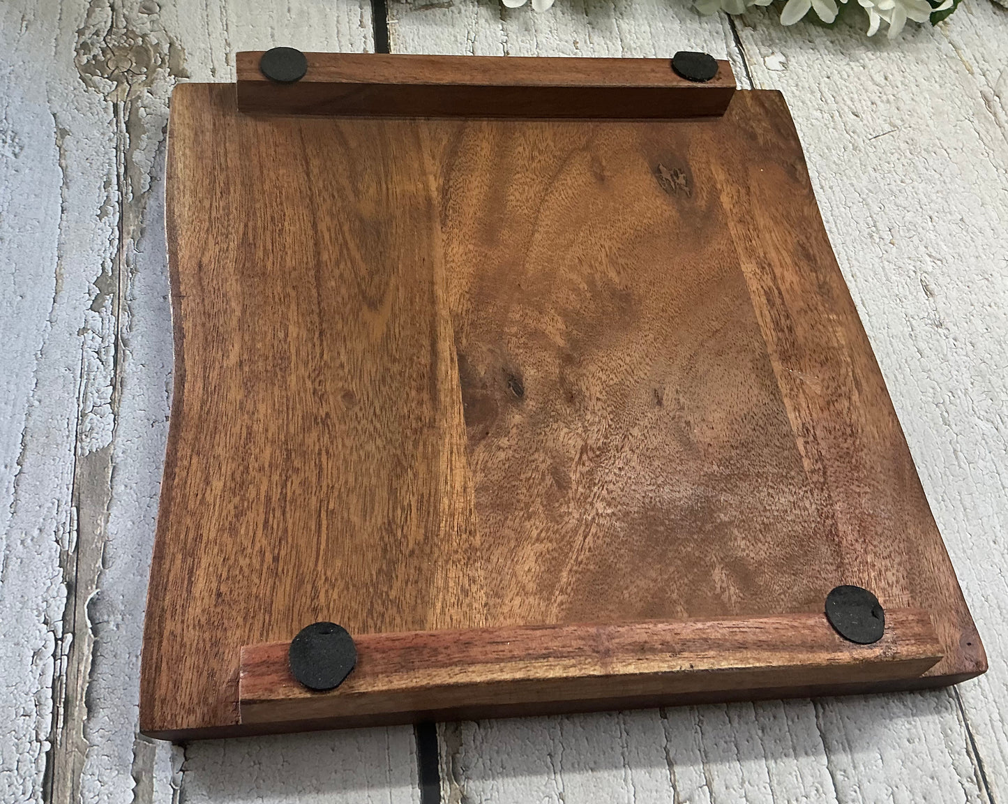 Floral Wreath Engraved Square Raised Wood Stand