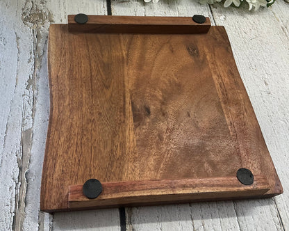 Floral Wreath Engraved Square Raised Wood Stand